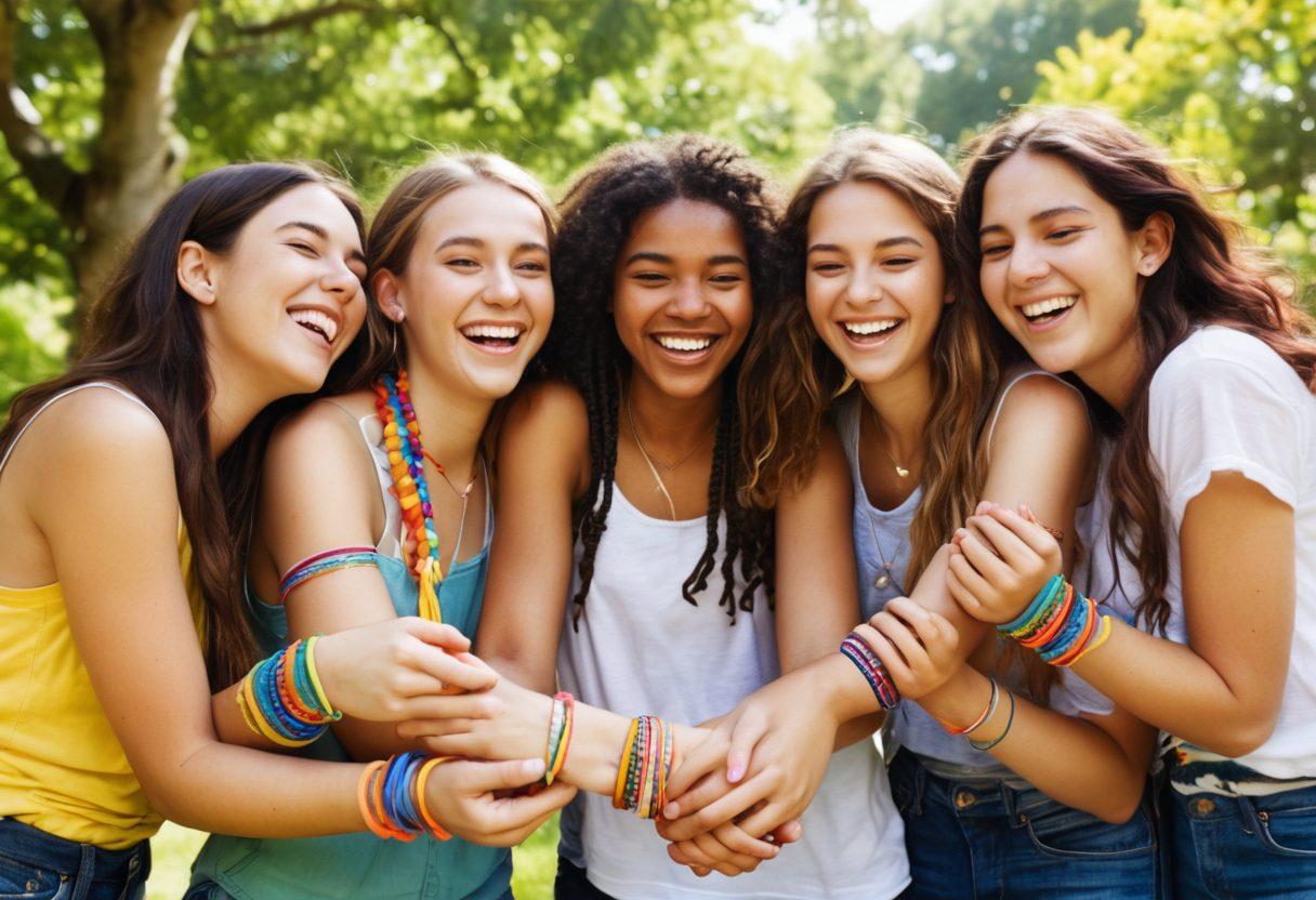 A vibrant, diverse group of teenagers sharing laughter and moments of connection in a sunny park setting, with friendship bracelets and heartfelt gestures, surrounded by nature and colorful flowers. The image should capture the essence of joy, trust, and youthful exuberance, illustrating the warmth of lasting friendships. Bright colors. Super-realistic.