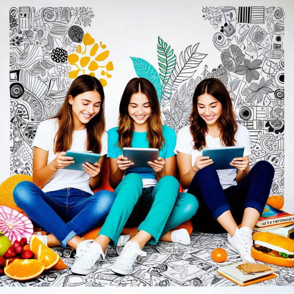 A vibrant and colorful collage depicting three teenage friends engaged in various activities: one reading a wellness book, another browsing trendy fashion items on a tablet, and the third enjoying a healthy snack. The background features playful doodles representing friendship, technology, and wellness, creating a lively and inspiring atmosphere. super-realistic. vibrant colors. white background.