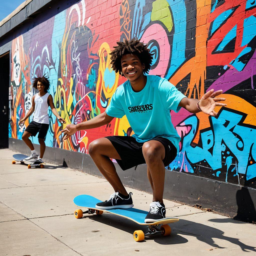 A dynamic scene showcasing diverse teenagers engaged in various activities such as skateboarding, painting, and practicing yoga, surrounded by vibrant street art and trendy fashion styles. Incorporate elements of music like headphones, gaming consoles, and eco-friendly products, symbolizing a modern, health-conscious lifestyle. The background should be colorful and energetic, capturing the essence of youth culture. super-realistic. vibrant colors. 3D.